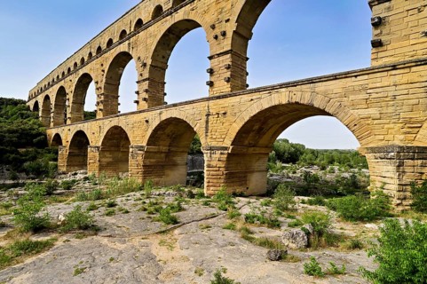 Roman aqueduct of the Pont du Gard, on the Gardon river, UNESCO World Heritage Site,