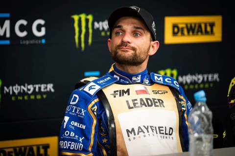 WROCLAW, POLAND - JUNE 20, 2026: DEWALT FIM Speedway GP of Poland. Speedway rider at press