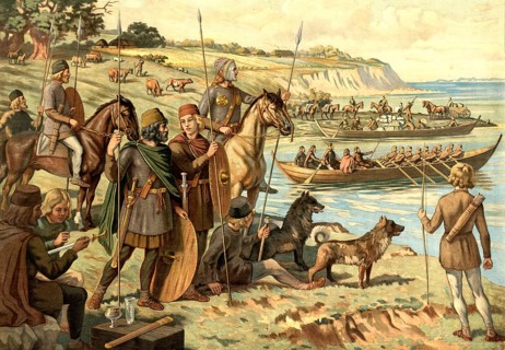 A scene from the Iron Age or the Migration Period (c. 400–600 AD) in Scandinavia. In the foreground