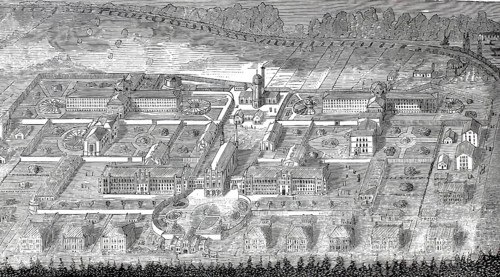 Historical engraving from 1877 depicting the plans for the Prussian penitentiary at Plötzensee near