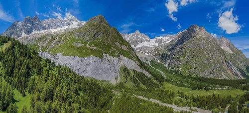 Panorama view of mountain range of Mt. Dolent, valley Val Ferret, Val de Ferret, Valais,