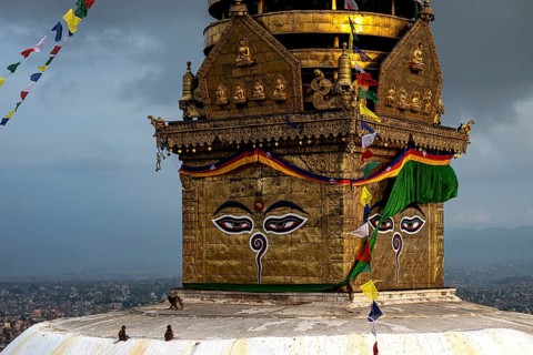 Gilded part of the Swayambunath stupa with Buddha's all-seeing eyes, also monkey temple, Buddhist
