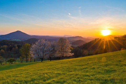 View of Ružák, Rosenberg, across the spring-like Bohemian Switzerland with blooming fruit trees,
