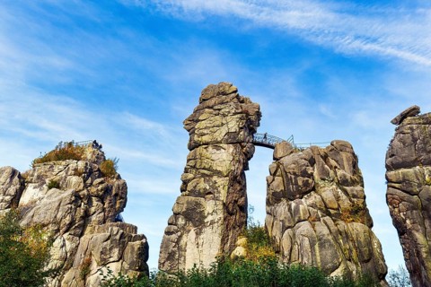Cultural monument, Externsteine nature reserve, hikers on viewing platform, Horn-Bad Meinberg,