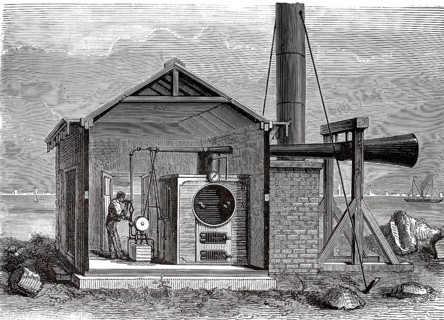 Historic steam-powered fog siren, Brown's Steam Powered Fog Siren, on a US coast from the late 19th