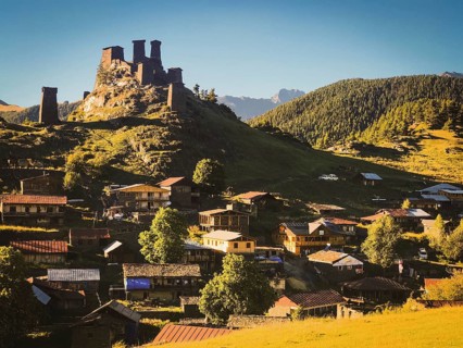 Keselo hill with traditional tushetian towers and houses in Upper omalo, Tusheti national park