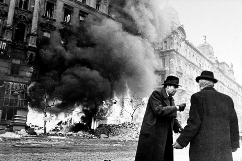 Two men fighting in Budapest on the street of a burning house, Budapest, Hungary, 1945 World War II