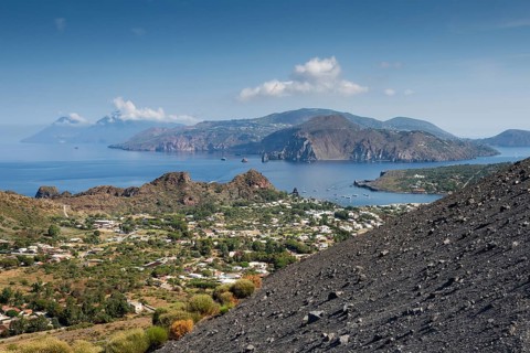 Houses, Vulcano harbour, Lipari and Salina in the background, Aeolian or Aeolian Islands, Sicily,