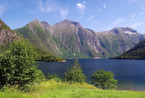 View of a mountain lake surrounded by high mountains and green forest under clear skies,