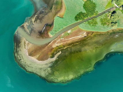 Aerial view, top-down view of the mouth of the Stockacher Aach at low tide flowing into Lake
