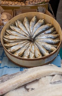 Box of fresh sardines for sale at the farmers market in Sineu, Majorca, Balearic Islands, Spain