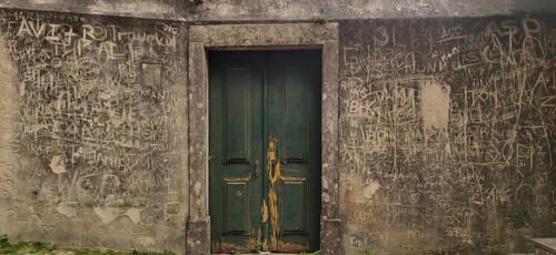 Weathered green wooden door in a gray wall with lots of graffiti and doodles, Sintra-Cascais