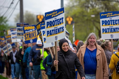 Dearborn, Michigan USA - 29 April 2026 - Teamster nurses 'practice picket' at Corewell Health East.