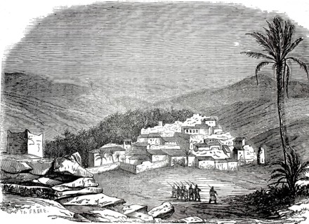 View of an oasis and settlement in Algeria, Moghrar-Foakania. In the foreground, a small group of