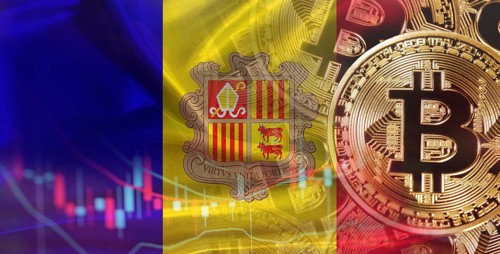 Bitcoin cryptocurrency with Andorra flag, Investors in Blockchain Technology. Andorran flag with