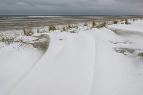 Snow-covered dunes on the North Sea, Langeoog, Lower Saxony, Germany