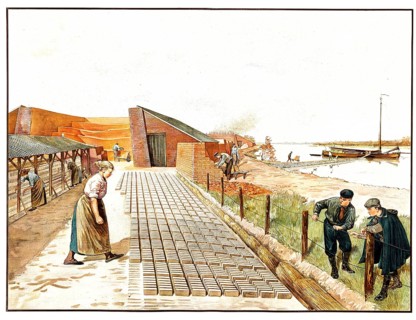 The traditional, manual brick making on a riverbank in the late 19th or early 20th century. In the