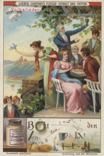 Picture series search game puzzles, rebus, folk songs, a scene of people drinking wine in a garden,