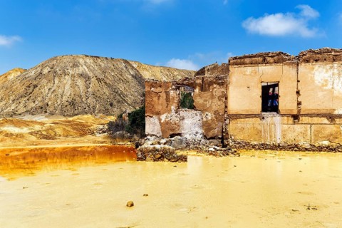 Mazarron mines, former mining, abandoned industrial ruins, colorful landscape, oxidation of