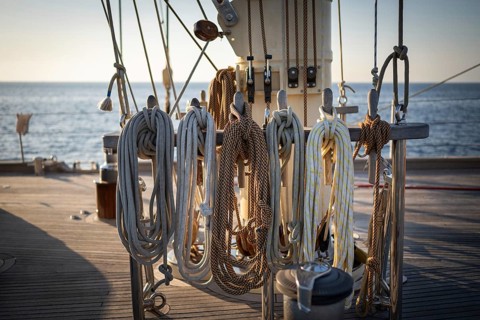 Holpins or nail nails stuck by board, including coffee nails, lines and ropes, deck area, sailing