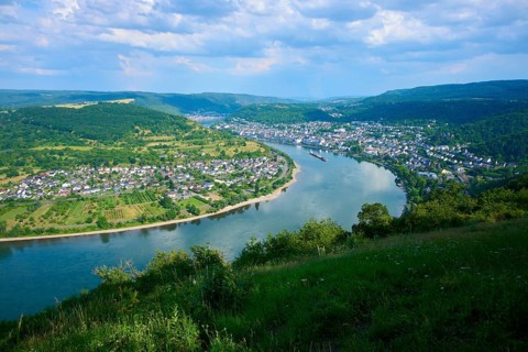 River crosses a valley with a city in the background and lush vegetation, Rheinschleife, Rhine,