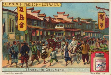 Picture series China, lively streetscape in Shanghai with traditional architecture, passers-by and