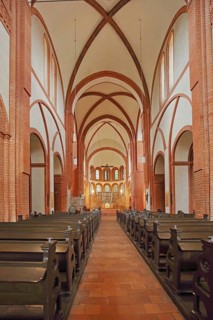 Romanesque monastery church, interior view, brick Romanesque, brick Gothic, brick church,