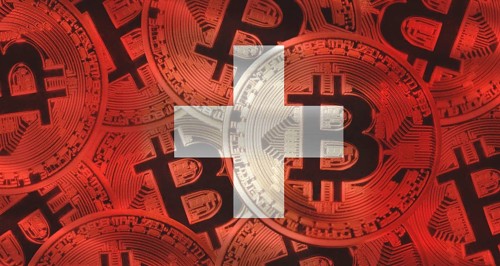 Swiss flag with Bitcoins in the background. Investors in cryptocurrency and Blockchain Technology