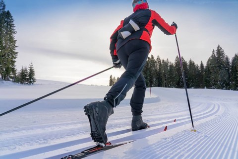 Active senior woman cross-country skiing in powder snow, Immenstadt, Allgaeu Alps, Bavaria, Germany
