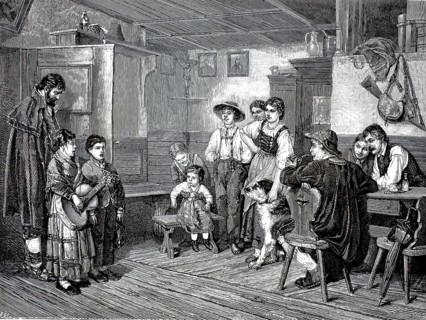 Italian itinerant singers. On the left is a small group of traveling musicians, consisting of an