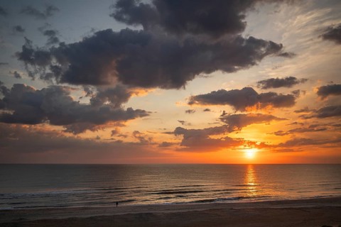 Sunset and cloudy, dramatic evening sky, Houvig Beach, North Sea, Denmark