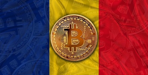 Investors in cryptocurrency and Blockchain with Romanian flag. Bitcoin cryptocurrency with Romania
