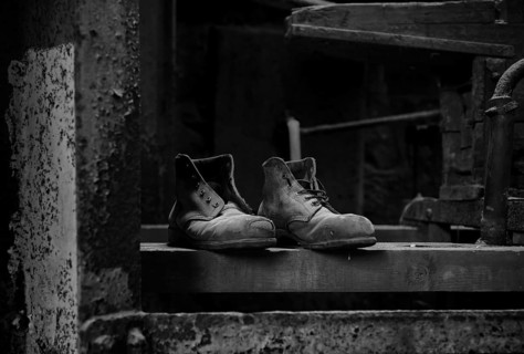 Interior view, old pair of shoes, still life, Victoria Shaft, Museum, Geevor Tin Mine, tin mine,