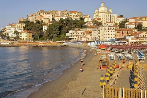 View of the beach and old town of the Porto Maurizio District of Imperia on the Ligurian coast,