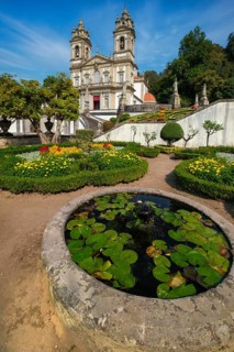 Garden view of the Bom Jesus do Monte church and sanctuary in Braga, Portugal, with a circular lily