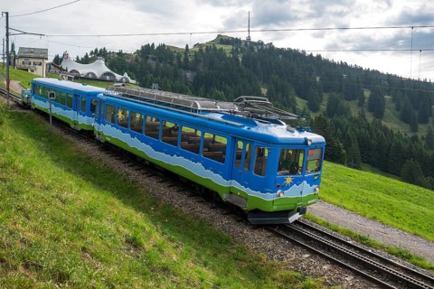 Bergbahn Arth Rigi Bahn railcar with Rigi Kulm in the background, Rigi Staffel, Arth, Switzerland