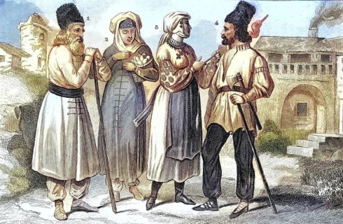 Traditional clothing styles and culture from the 19th century. Farmers from Flipovan in Bukovina