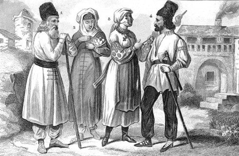 Traditional clothing styles and culture from the 19th century. Farmers from Flipovan in Bukovina