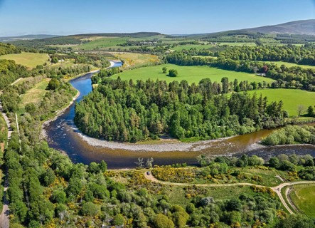 Aerial drone view of the forest and pasture landscape at Spey River in eastern Scotland, UK