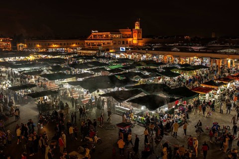 Jemaa el Fna at night with countless food stalls, food stalls, main square in Marrakech, also