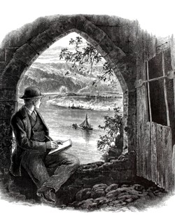 River Wye, Welsh Afon Gwy, river in Wales and England, seen from Chepstow. Man with a sketchpad