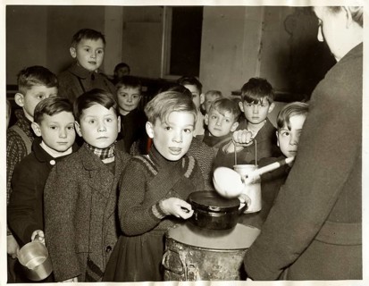 Berlin, end of war, soup kitchen for children, parentless, orphans, boys, refugees, children in a