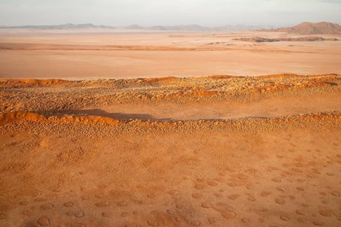 Sandy desert with Fairy Circles, circular areas, aerial view, Namib Desert, Namib Naukluft Park