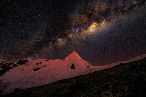 The Milky Way above Alpamayo with Alpamayo Glacier, 5947 m, with the title of most beautiful