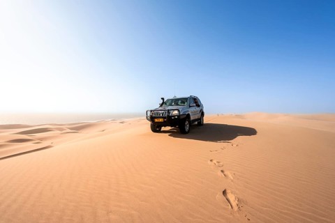 Off-road vehicle on a dune, sand dunes with wave patterns, sea of dunes, sandy desert, impressive