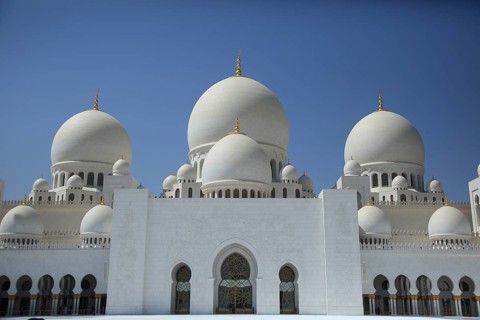 White mosque with large ornate domes against a clear sky, Sheik Zayed Mosque, Sheikh Zayed Mosque,