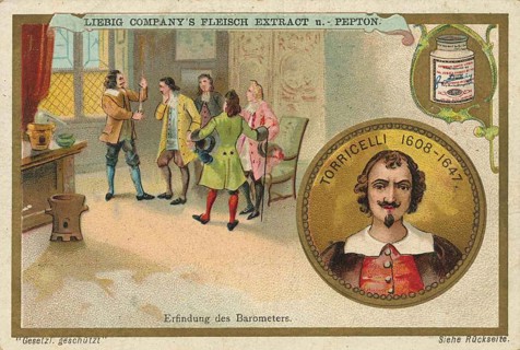 Photo series researcher, invention of the barometer, shows Torricelli and a scene from his