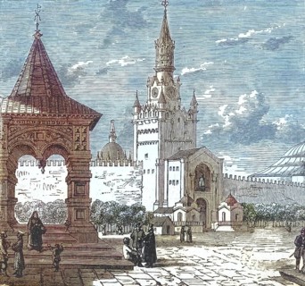 Resurrection Gate at the entrance to Red Square in Moscow. The tower in the background is the