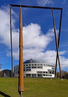 Sculpture titled Spiegel by Isa Genzken in front of civic hall Bielefeld, Ostwestfalen-Lippe, North