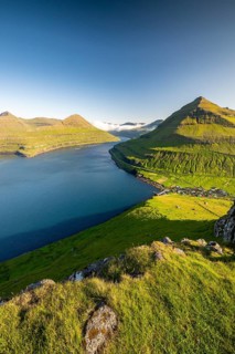 Panoramic view from Hvíthamar viewpoint on Funningsfjørður near Funningur on Eysturoy island, fjord
